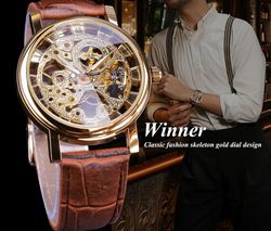 Luxury Gold Skeleton Watches Men Brown Leather Strap Mechanical Hand Wind Wristwatches Men