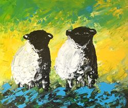 Sheep  Painting Animal Artwork Landscape Oil Painting 12 by 14 by Svitlana Verbovetska
