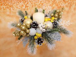 Christmas floral table arrangement with candle, White, green and gold Christmas décor, Christmas floral centerpiece
