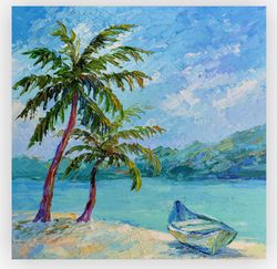 Seascape oil painting Boat original art 12 by 12 inch Tropical beach painting Palm trees artwork