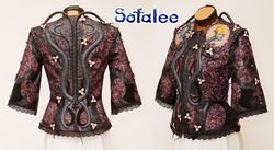 Genuine leather women's jacket bracelets, wide collar "Nagi" by Sofalee. Handmade exclusive coat purple black.