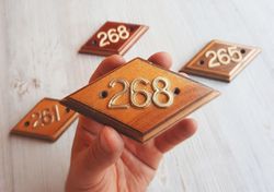 Wooden address door number plate 268 - vintage rhomb apt number sign USSR