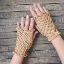 Beige lace cotton fingerless gloves Wedding gloves Cottagecore mittens Victorian gloves Bridal gloves
