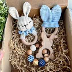 Bunny rattle gift set for expecting mom, Rabbit plush toy for pregnancy gift box.