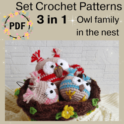 Crochet Pattern Owls Family In The Nest, Spring Decor crochet