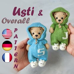 Teddy Bear crochet pattern - Mini Teddy Bear Clothes (crochet Bear and Slippers, knit Overalls) - amigurumi - Usti