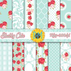 Light Blue Shabby Chic Digital Paper set, Damask Flowers 12 seamless patterns for scrapbooking and crafting