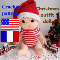 Christmas Outfits for Dolls 12 inch, play doll, Crochet Pattern PDF (English, French)
