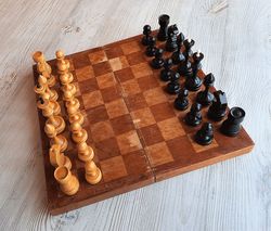 Old Soviet wooden chess set small - vintage 1960s Russian chess game