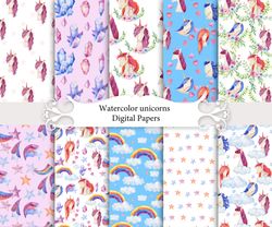 Watercolor unicorns, seamless patterns.