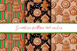 Christmas digital paper. Seamless gingerbread cookies patterns, JPG.  Digital downloads