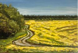 Original oil painting landscape wild flowers in the forest village road, summer in the forest yellow flowers painting 7x