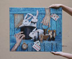 Alice in Wonderland original oil painting. Mad tea party White Rabbit Mad Hatter, kids room illustration, Oil on canvas