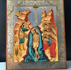 Jesus Christ Baptism - Mount Athos | Large XLG Silver and Gold foiled icon on wood | Size: 15 7/8" x 13 1/8"