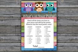 Owl What's in your purse game,Woodland Baby shower games printable,Fun Baby Shower Activity,Instant Download-385