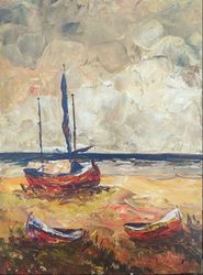 Sailboat on Beach, Acrylic Seascape Canvas, Abstract Ocean Drawing Art, Sea Drawing Art