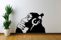 Monkey Sticker Monkey In Headphones Listens To Music Wall Sticker Vinyl Decal Mural Art Decor