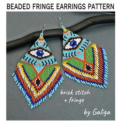 Evil Eye Fringe Beaded Earrings Pattern Brick Stitch Delica Seed Beads Beadwork Jewelry DIY Beading Large Earrings