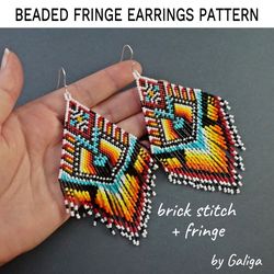 Tribal Ethnic Fringe Beaded Earrings Pattern Brick Stitch Delica Seed Beads Beadwork Jewelry DIY Beading Large Earrings