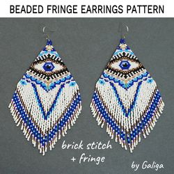 Blue Evil Eye Fringe Beaded Earrings Pattern Brick Stitch Delica Seed Beads Beadwork Jewelry DIY Beading Large Earrings