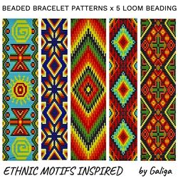 Loom Beading Bracelet Patterns Tribal Ethnic Huichol Native Folk Hippie African Set of 5 Seed Bead Cuff Beaded Ornaments