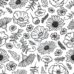 FLOWER SKETCH Monochrome Seamless Pattern Vector Illustration
