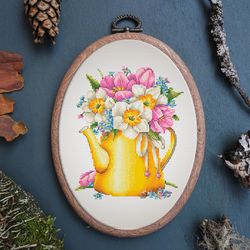 Garden Flowers Counted Cross Stitch Pattern Summer Bouquet Cross Stitch Sampler Flowers In Vase Embroidery Pattern Chart