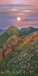 Mountain Landscape Oil Painting Original Art Flowers Red Sunset Impasto Mountains Birds 24x12 inches