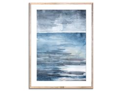 Misty Seascape Watercolor Art Print Storm Abstract Watercolor Foggy Ocean Dark Blue Minimalist Coastal Landscape Art