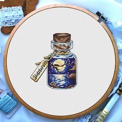 Landscape cross stitch patterns, Japanese night landscape with cherry blossoms in bottle, Night sky cross stitch, Moon lights cross stitch