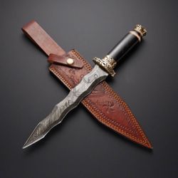Handmade Damascus Steel 16 Inches Double Edge Beautiful Hunting Dagger, Battle Ready With Leather Sheath,