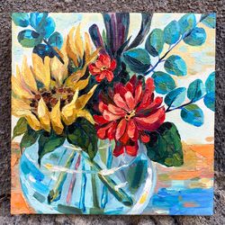 Oil painting, red peony, sunflowers, eucalyptus. Bouquet in a glass vase. Pastel colors, natural materials.
