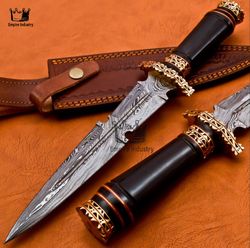 Handmade Damascus Steel 15 Inches Double Edge Hunting Dagger, Battle Ready With Leather Sheath