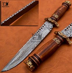 Handmade Damascus Steel 17 Inches Double Edge Hunting Dagger, Battle Ready With Leather Sheath