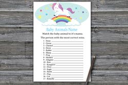 Unicorn Baby animals name game card,Rainbow Baby shower games printable,Fun Baby Shower Activity,Instant Download-379