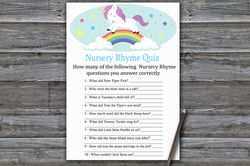 Unicorn Nursery rhyme quiz baby shower game card,Rainbow Baby shower games printable,Fun Baby Shower Activity--379
