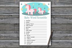 Rainbow Unicorn Baby word scramble game card,Unicorn Baby shower games printable,Fun Baby Shower Activity-378