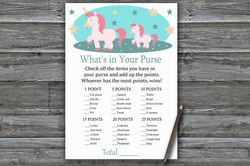 Rainbow Unicorn What's in your purse game,Unicorn Baby shower games printable,Fun Baby Shower Activity--378