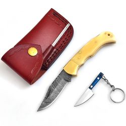 Personalized Engraved Burnt Camel Bone Handle Damascus Steel Pocket Knife, 6.5'' Small Folding Pocket Knives for Outdoor