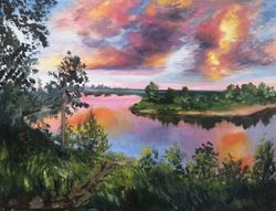 Sunset, Sunset on the river, Oil Landscape, Clouds, River, Oil painting