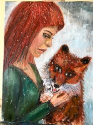 Girl in Green Dress and Fox" Oil painting Art wall Oil board