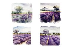 04 Files Of Lavender Field Sublimation Lavender Landscape Clipart Watercolor Bundle