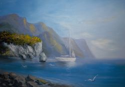 Sea, Seascape Oil Landscape, Oil Painting, Rocks, Yacht, Seagulls, Original Painting