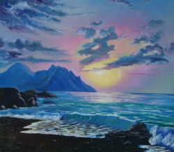 Sunset at sea painting Sea waves art 27*31 inch seascape oil painting