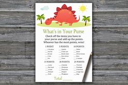 Red Dinosaur What's in your purse game,Dinosaur Baby shower games printable,Fun Baby Shower Activity,Instant Download370