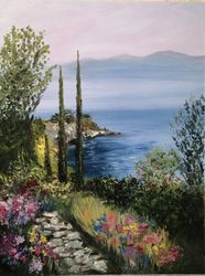 Sea Seascape, Oil Painting Landscape Oil Painting Rocks Cypresses Italy Mediterranean Landscape Original Painting