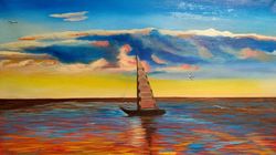 Marine Painting Seascape Oil Painting Original Artwork 15*27 inch Boat in the Sea Picture