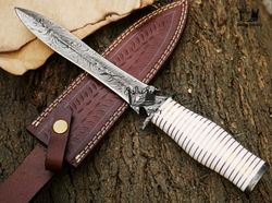 Blade Smith Stunning Handmade Damascus Steel Hunting Dagger Knife With Sheath, White Resin Handle, Fixed Blade Knife
