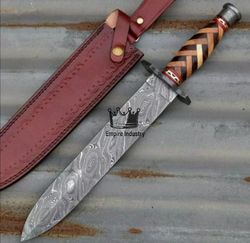 Handmade Damascus Steel Hunting Dagger Knife With Sheath, Cross Wood Handle, Fixed Blade Knife, Gut Hook, Gift For Men