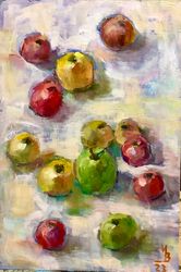 Apples on a white tablecloth Wall art Oil painting on board 5*8 inch